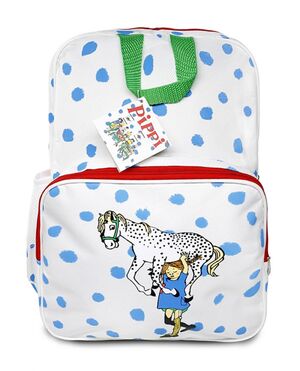 PIPPI MOCHILA FONDO BLANCO CON TOPOS AZULES