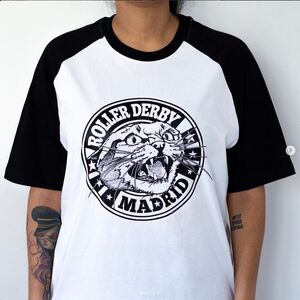 CAMISETA ROLLER DERBY BLANCA LOGO GATO MANGAS NEGRAS (S)