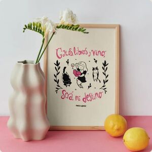 LÁMINA GATOS, LIBROS, VINO X MARÍA GÓMEZ